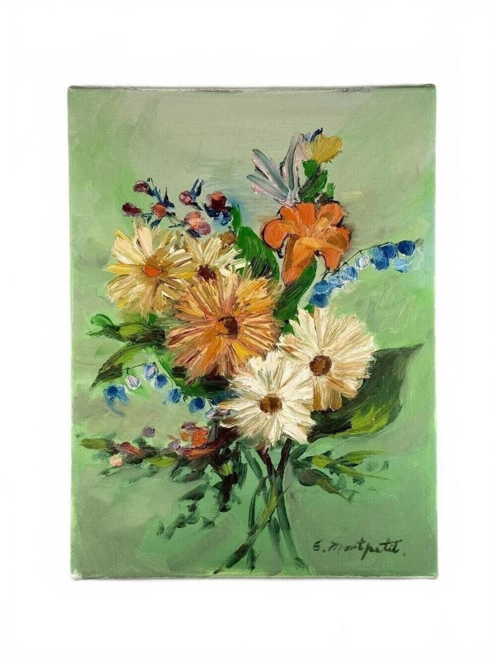 Vintage Still Life Oil Painting Floral Bouquet Edouard Montpetit 12 in x 16 in